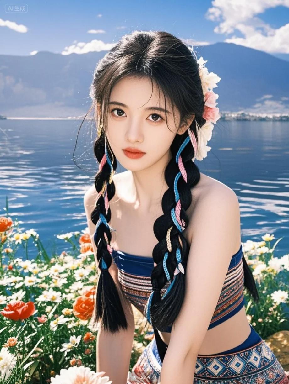 佤族女孩在湖边木鼓旁起舞，鼓声与水波共振