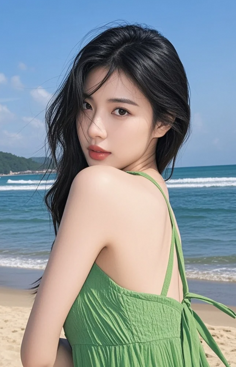 在海边，她的美丽如同盛开的花