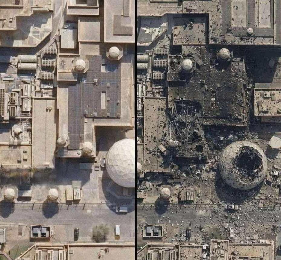 伊朗导弹打得很准，图一左边是美军雷达站被炸的景象，右边是被炸后的景象，可以看到该