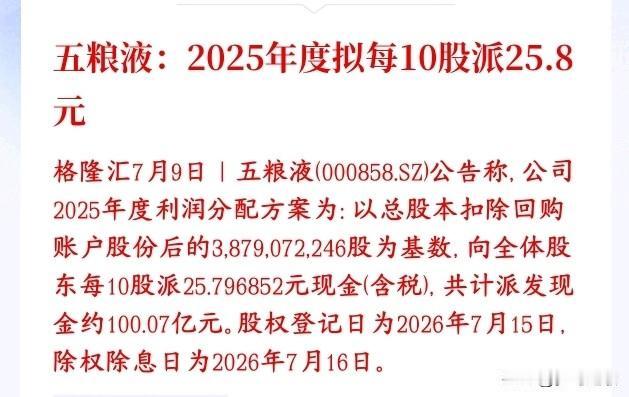 白酒板块开始自救了，龙头五粮液百亿分红五粮液敲定2025年分红方案：剔除自家回