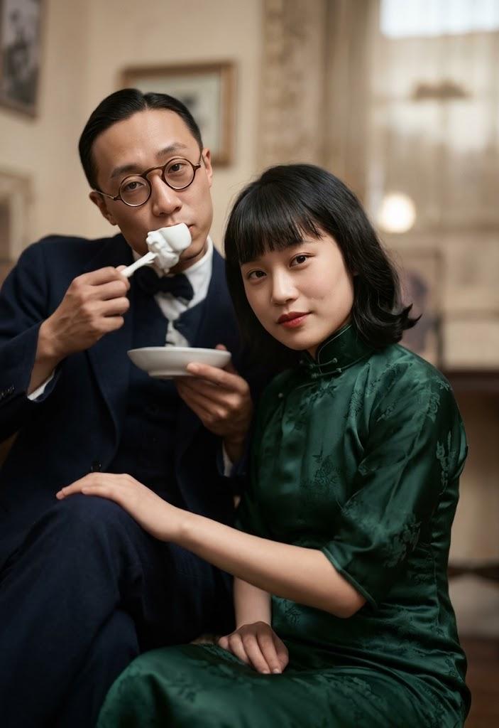 照片中戴圆框眼镜、着西装的男子为末代皇帝溥仪，身旁短发、着高领服饰的女子为末代皇