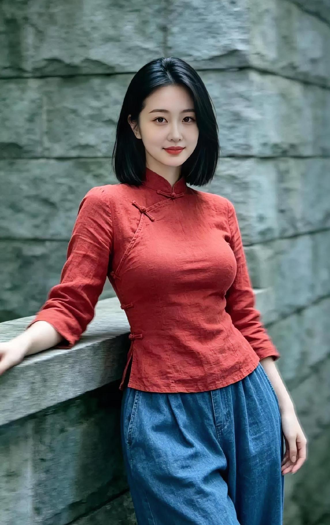 古朴石墙，红衫映亮。盘扣轻系东方韵，牛仔阔腿自在畅。短发利落，