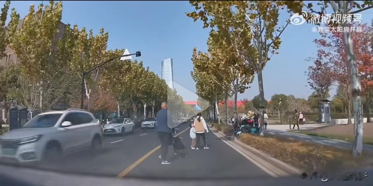 近日，上海，一男子开车遇到一家三口横穿马路，男子鸣笛后，孩子父亲给司机竖中指，并