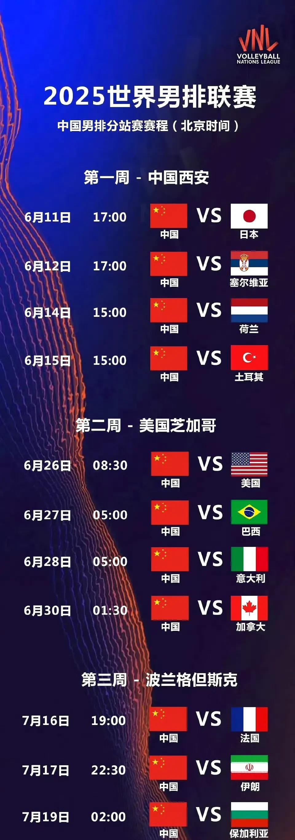 【中国男排比赛预告】2025年6月12日下午17：00在世界男排联赛开始之前