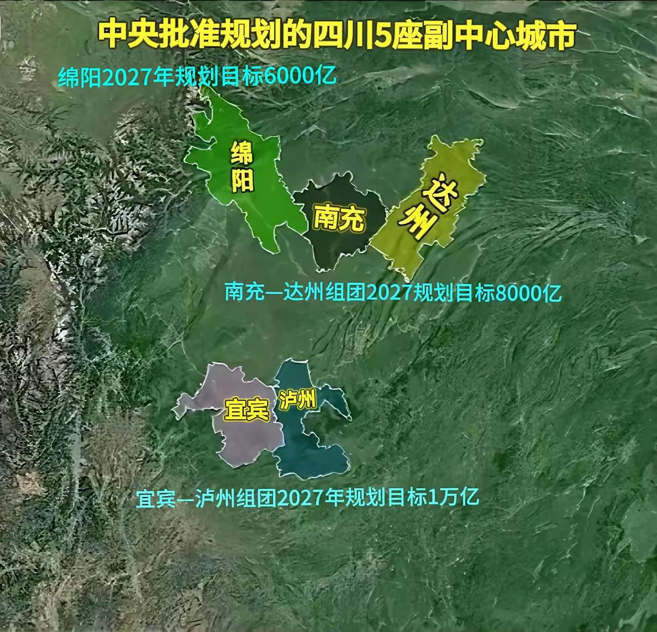 川内5个副中心城市规划目标还是很有响头，但也可以看出川南地区明显要比川北地区发展