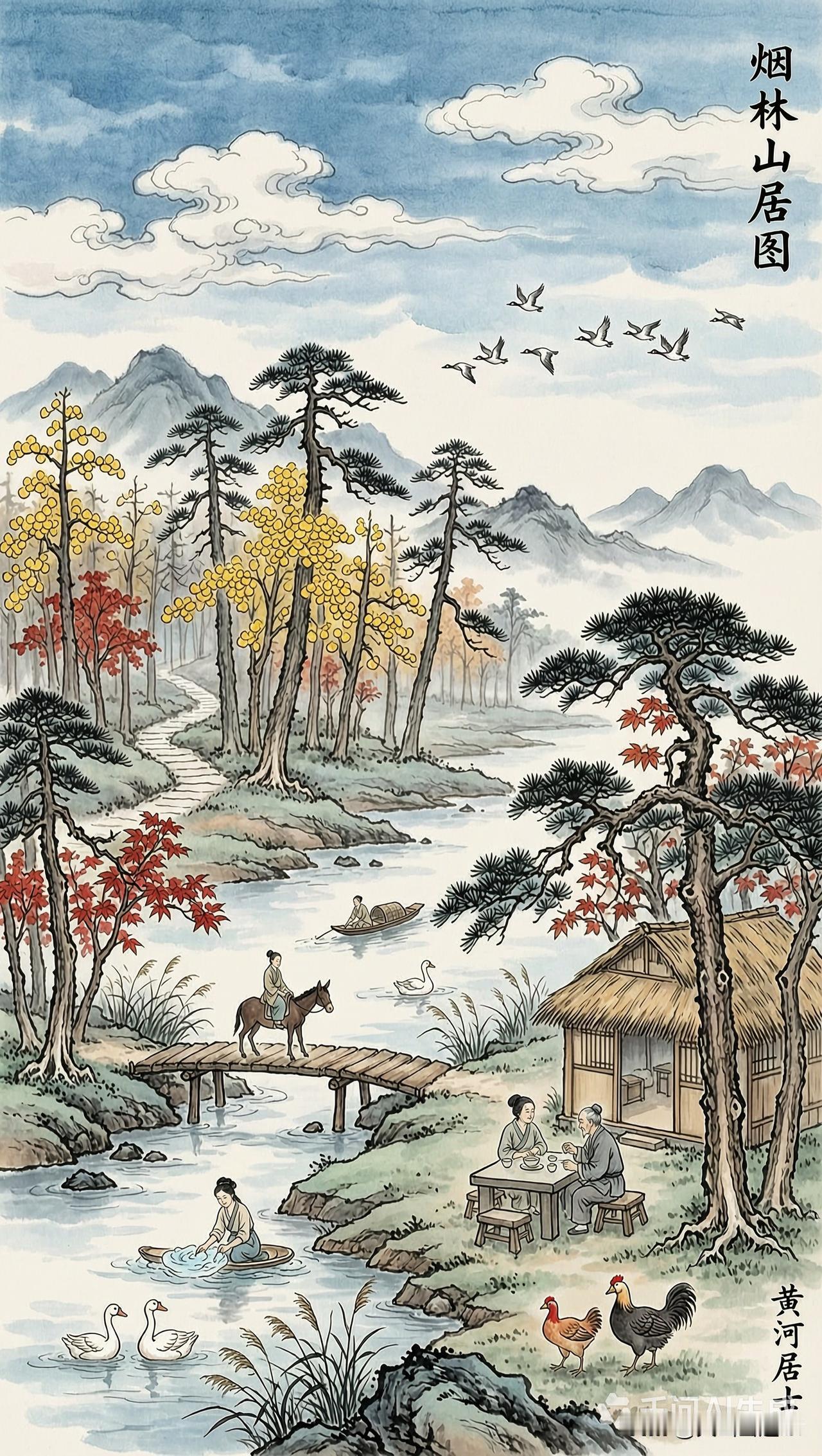 国画水墨，水墨中国山水画《烟林山居图》