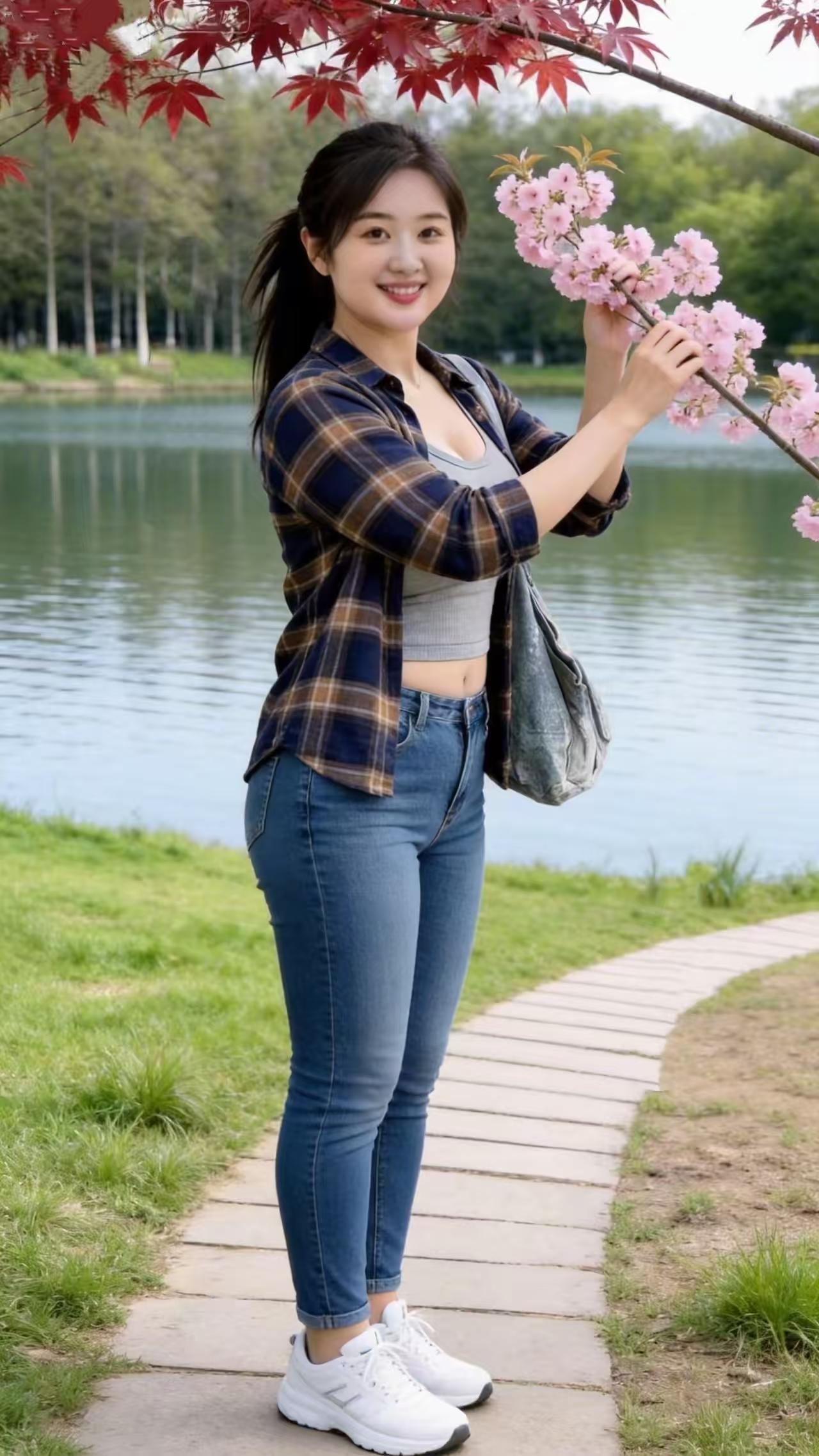 塞鸿秋·湖边春遇格衫配得牛仔轻，湖边笑映桃花影。发梢一缕春风定，身闲自在