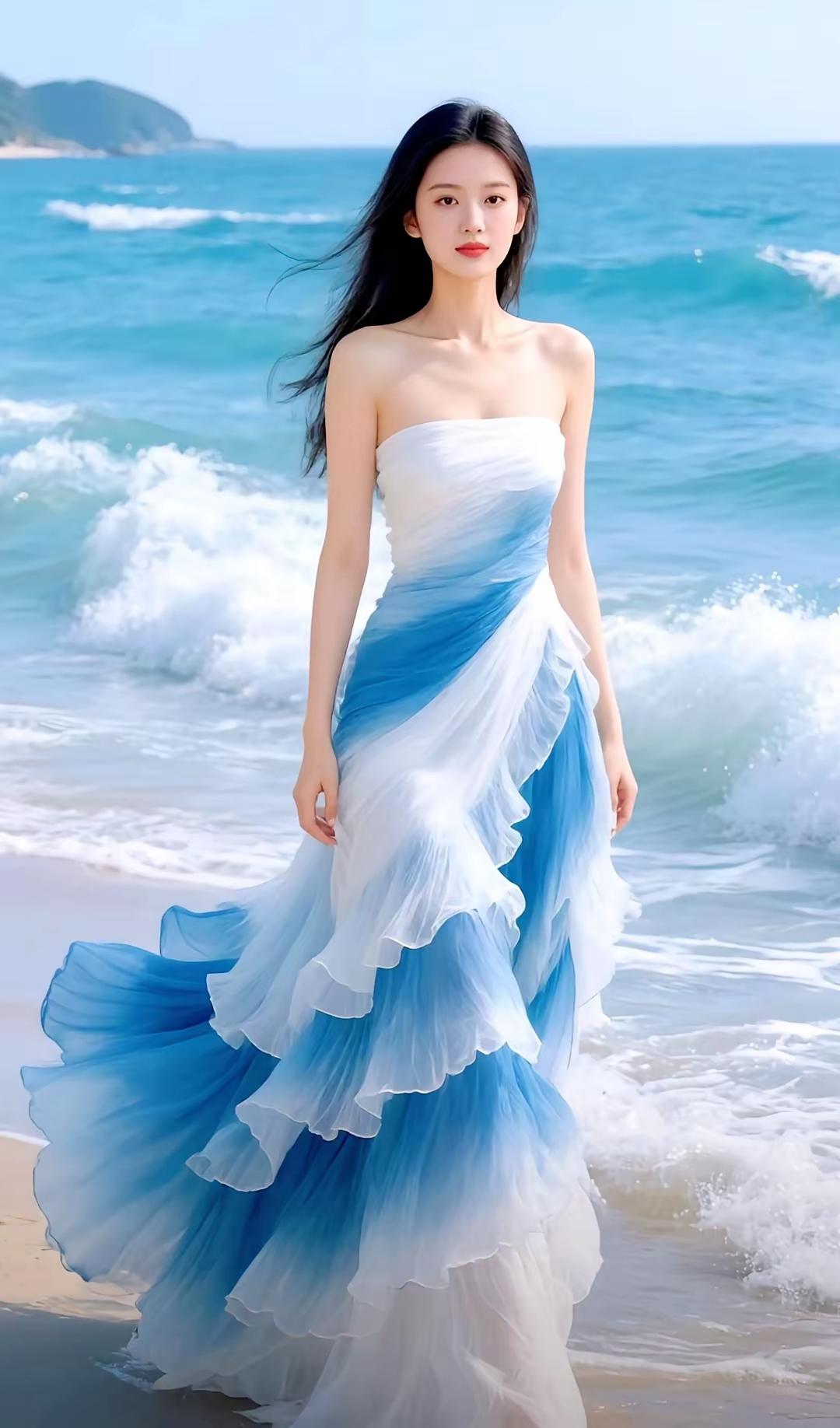 海边漫步，蓝白相间的裙摆随风飘扬，宛如海浪轻抚沙滩。