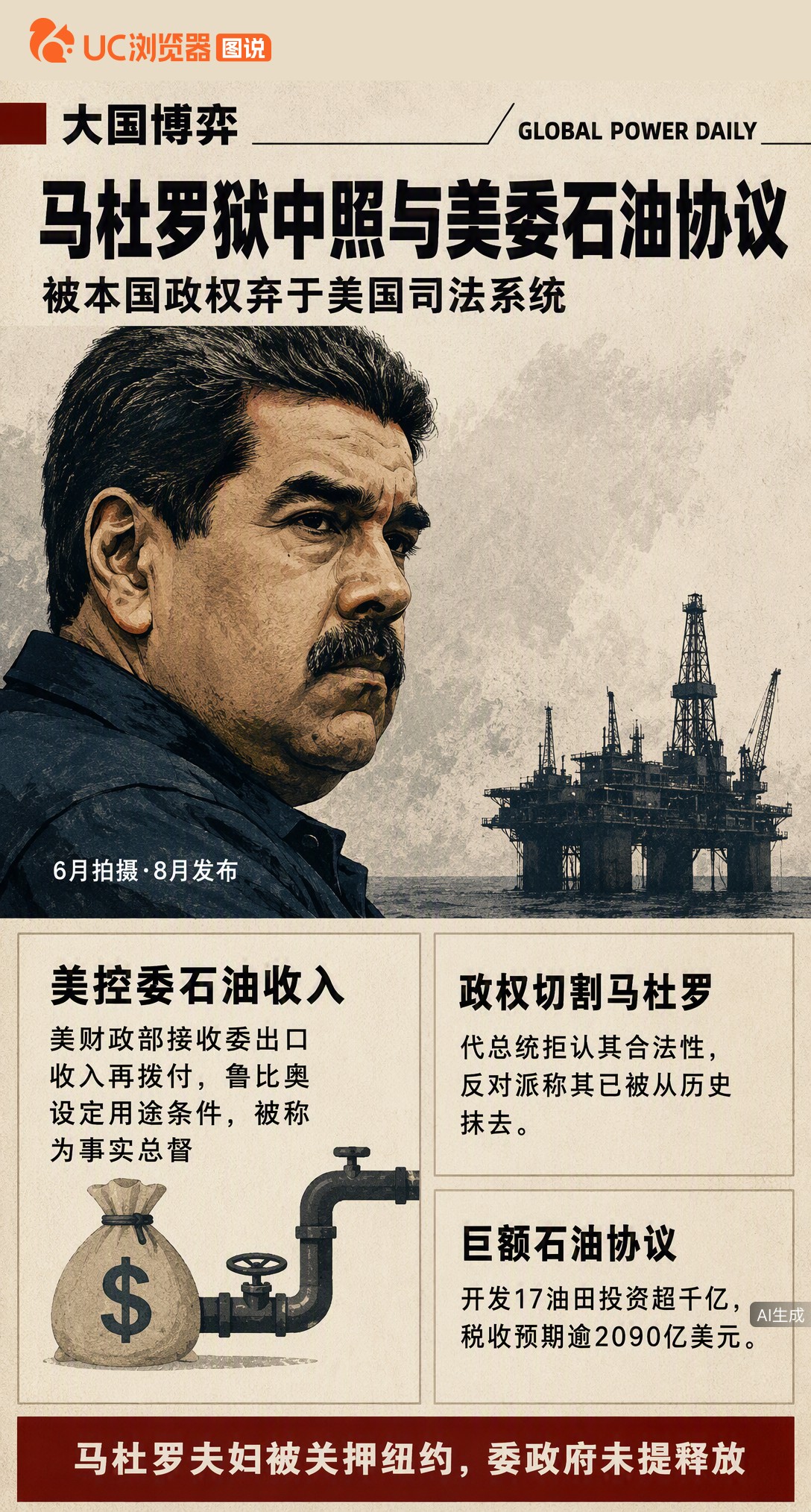 美委刚达成千亿石油协议，被押美国的马杜罗突然发监狱照。国内谈判只字不提他，代总统拒认其身份，美方还被