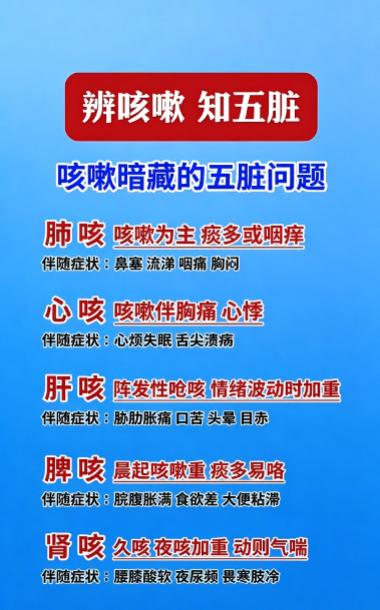 中医理论认为，咳嗽不单是肺部问题，五脏功能失调都可能引发咳嗽，不同脏腑引发的咳嗽
