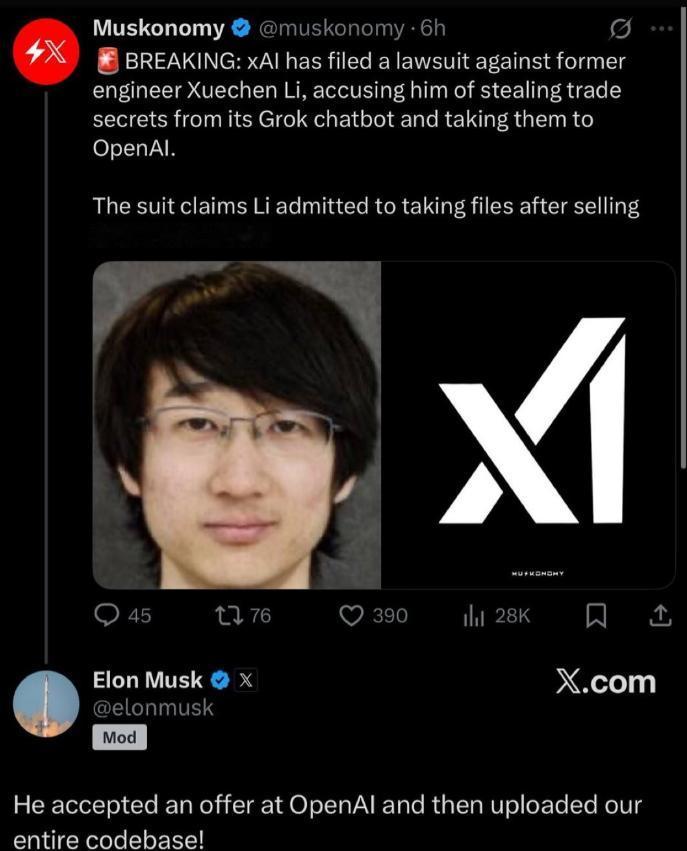 马斯克这回真的气炸了！昨天他亲自在X平台上发文，证实他旗下xAI公司的一个前华人