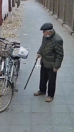 咱就是说视频里的这位大爷，拄着拐杖走路都打晃，却偏要跟路边的自行车“过不去”！车