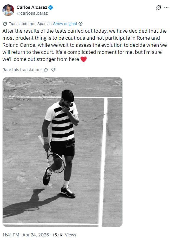 果然，最坏的情况落地了。阿卡宣布，退出罗马大师赛和法网，他的2026红土赛季，就