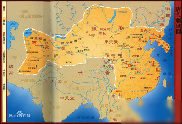 当时中亚的绿洲地带受唐朝支配,其最大范围南至罗伏州(越南河静),北括