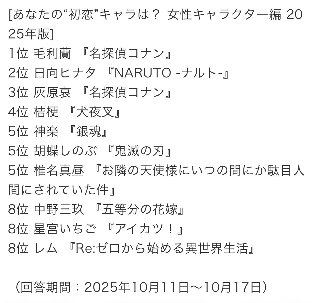 票选【你的“初恋”女性角色】💘2025年版日向雏田排在第二位！🥈火影忍者日向