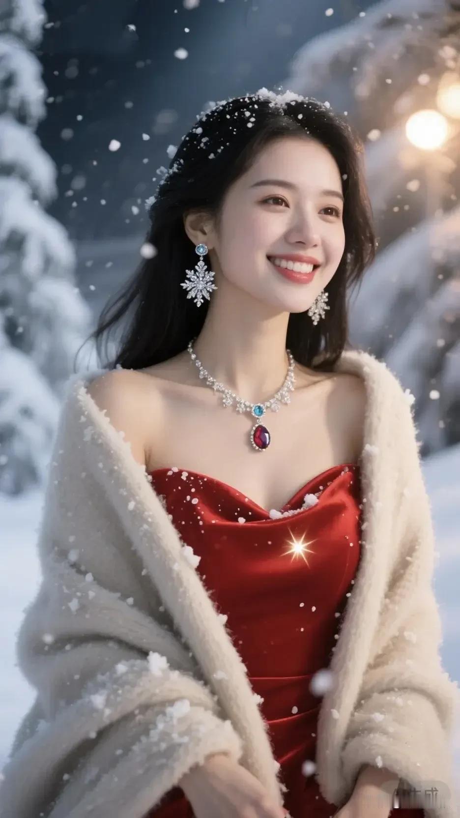 红裙浸着雪的白，绒衫裹着碎光。颈间宝石碰落星子，笑意比冬阳更烫。高贵的气质