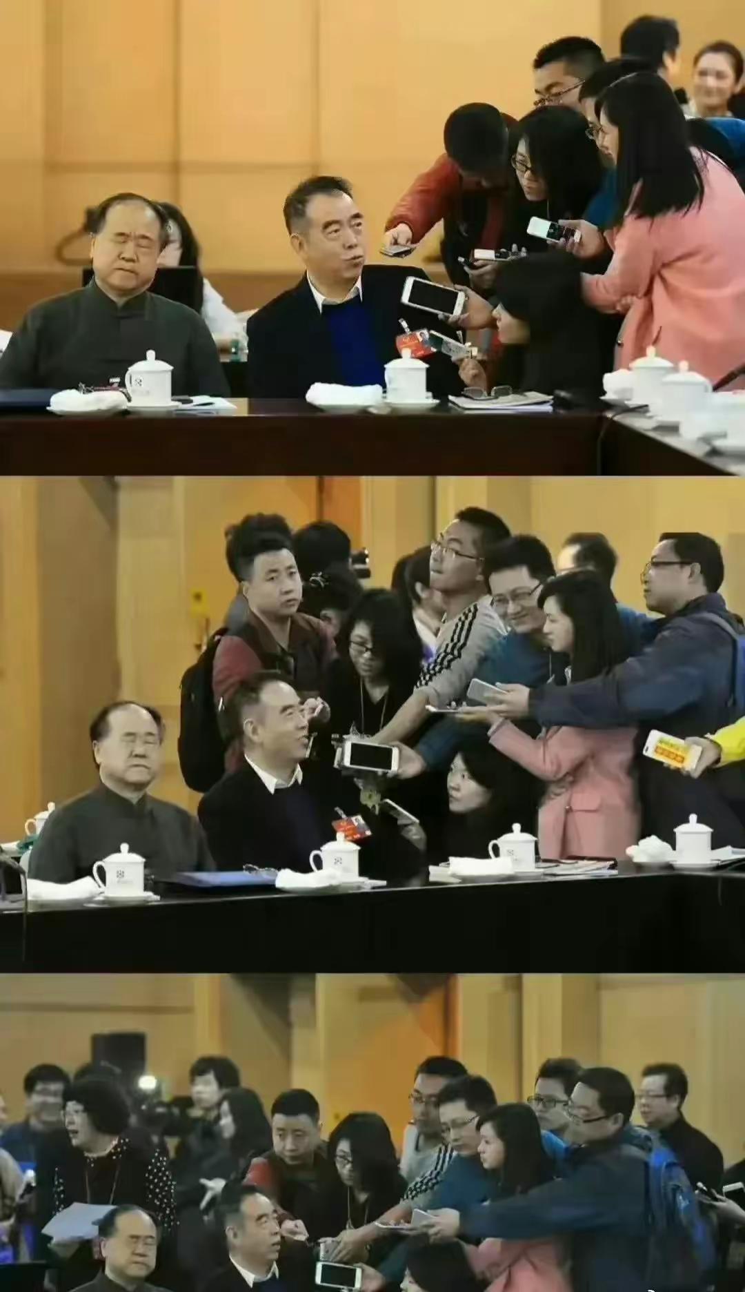 戏子受人捧，文化人受冷落，这就是当下社会的一个缩影。莫言闭目养神，也算是回击这