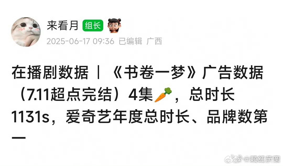 书卷一梦大结局书卷一梦很牛啊，广告总时长和品牌数都是爱奇艺今年第一[点赞][