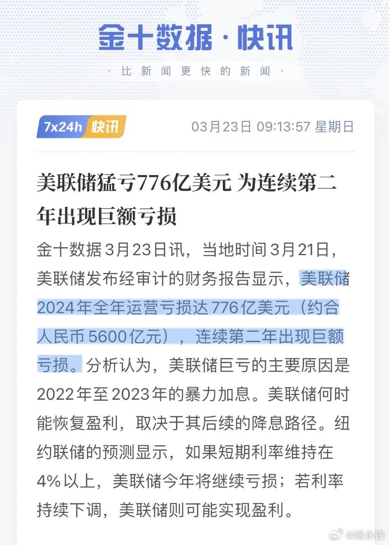 🚨美联储连续9个季度亏损是在为过往实施的量化宽松政策买单，大概有10w亿债务在