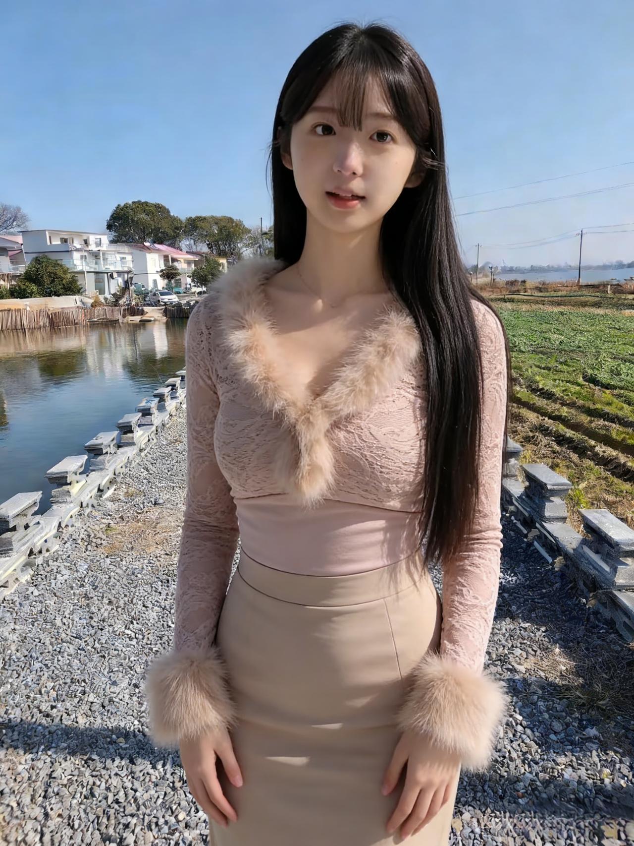 溪光如练，照见佳人面。粉裙微动风前燕，长发垂肩如霰。～落日欲下西山，