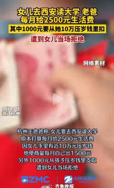 近日，杭州一位爸爸在网上自诉，称女儿要去西安读大学，打算每月给2500元生活费，