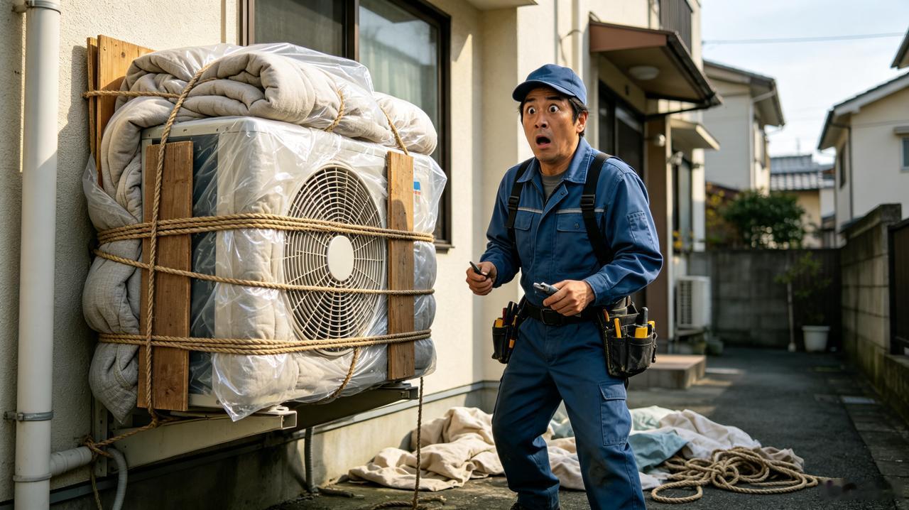 老人把空调外机裹得密不透风，空调直接不制冷，维修师傅干十年头一回碰到河南周