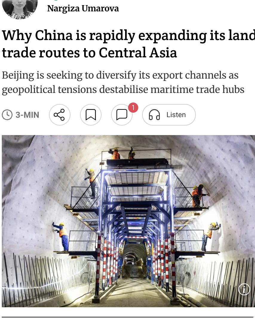 外媒：中国正加速扩展通往中亚的陆路贸易通道，去年首次成为所有中亚国家的最大贸易伙