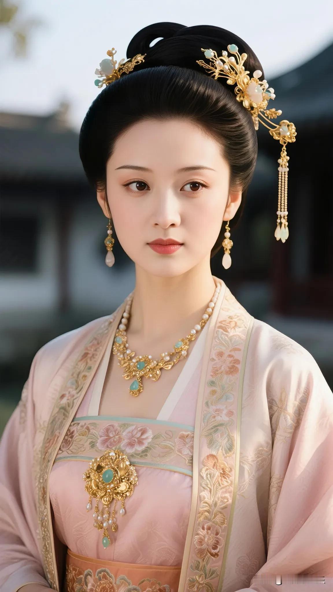 夸夸古装美人古装美人真好看，粉衣金饰超惊艳。发髻高高插金簪，珠宝挂得