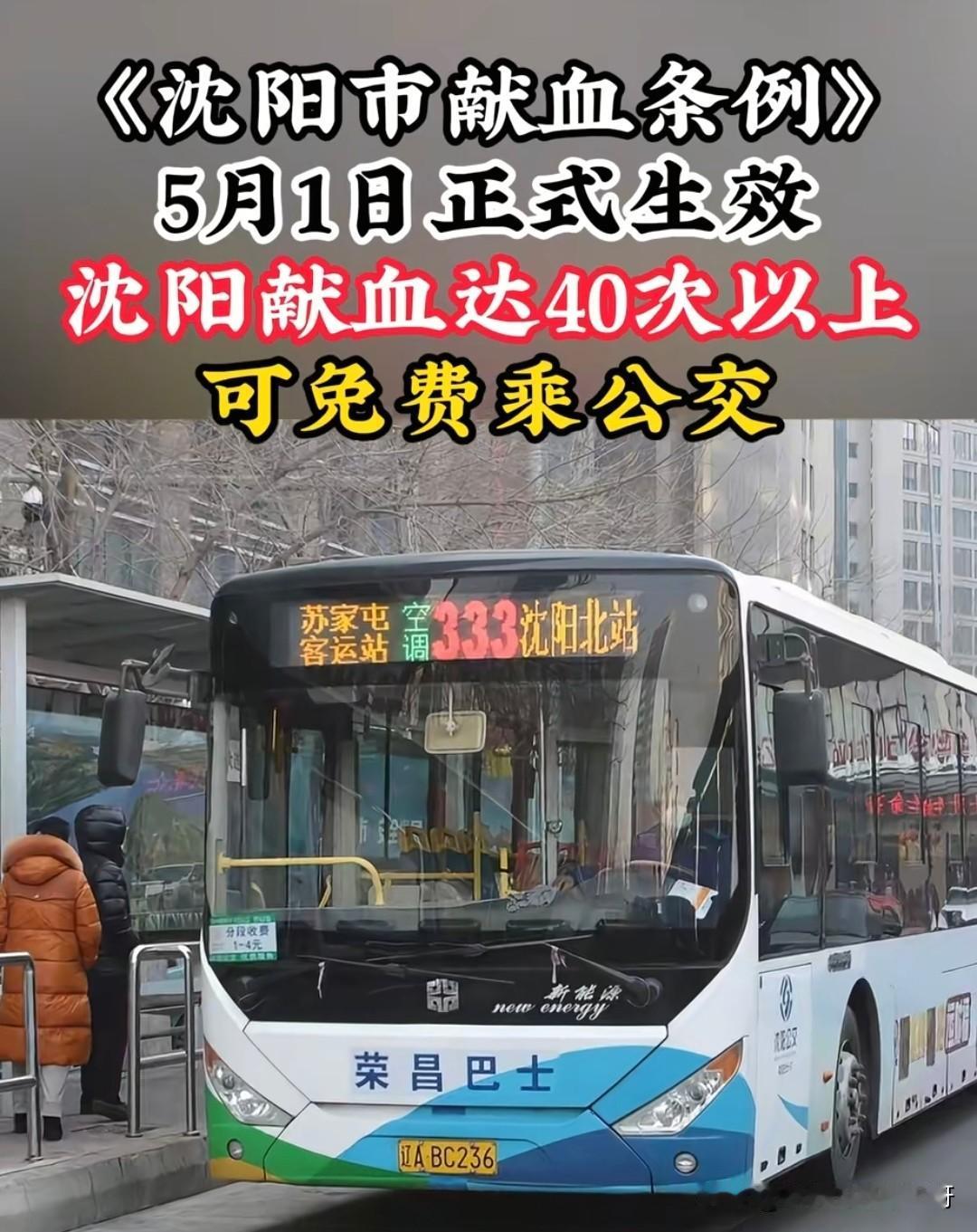 好消息，献血达40次以上可以免费乘坐公交车！今年5月1日《沈阳市献血条例》正