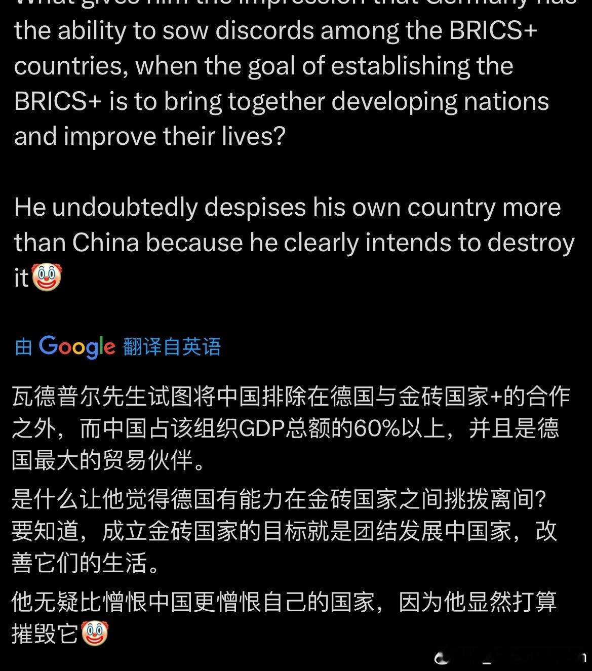 德国外交部长Wadephul最新奇葩言论：欧洲需要加强和金砖的合作，但中国和德国