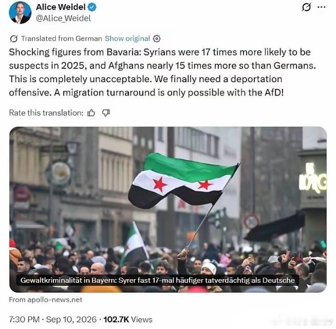 德国AFD领袖AliceWeidel发布非法移民犯罪的惊人数据：巴伐利亚州惊人