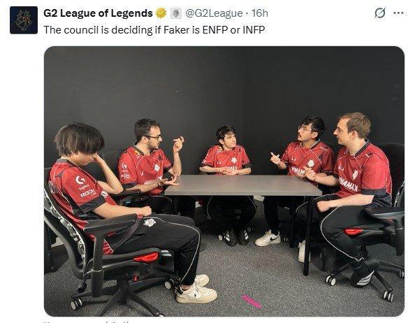 近日表示自己是ENFP人格，今日G2更新动态，配文："我们正在研讨Faker到底