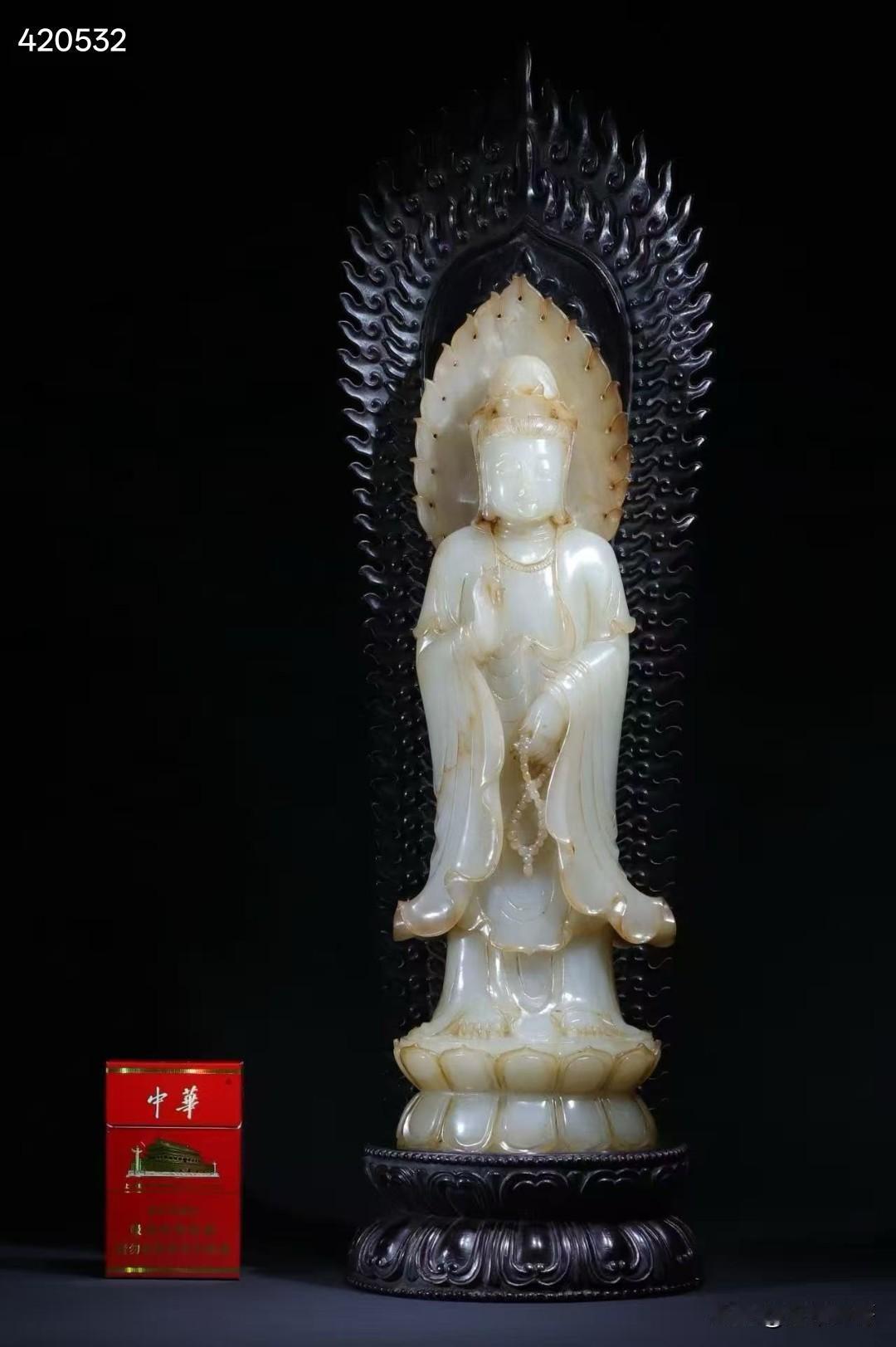 清代观音菩萨立像｜紫檀镂雕底座—————————总高52公分长15.5公
