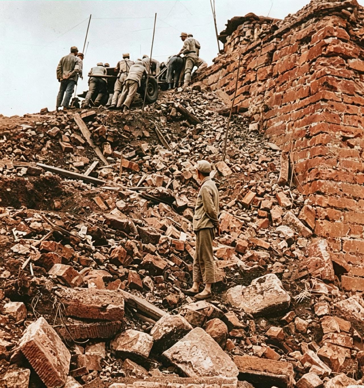 这是1944年位于边陲的小城腾冲。照片里，我方炮兵部队集结在城墙上，能看到迫击炮