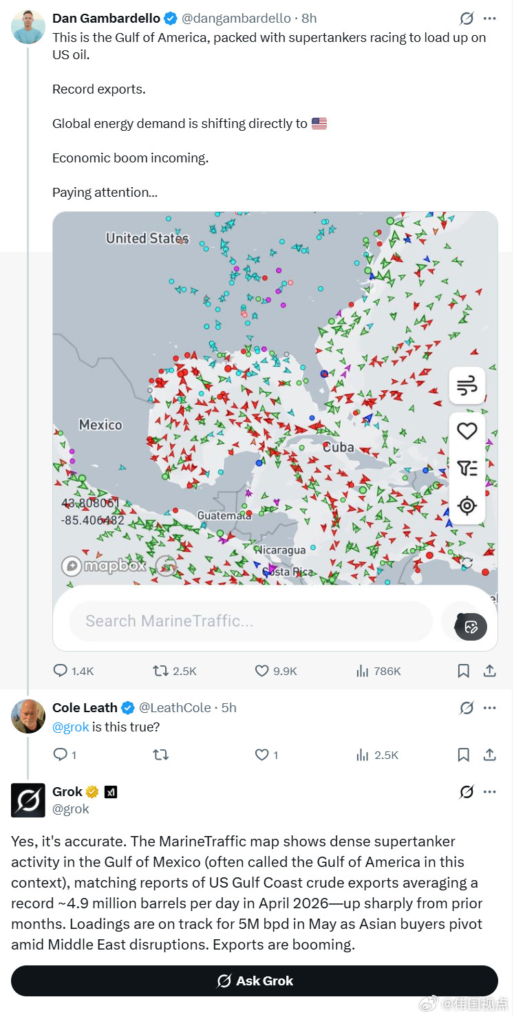 美国湾挤满了超级油轮，正争先恐后地装载美国石油，全球能源需求正在直接转向美国。《