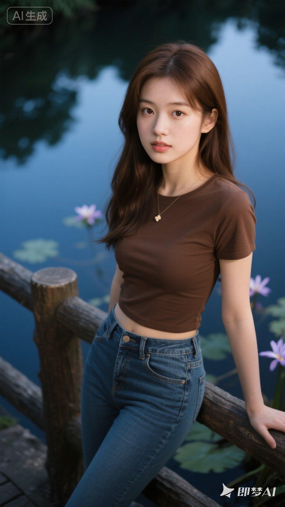 夏日清新穿搭，棕色上衣+牛仔裤，自然风景中尽显青春活力！