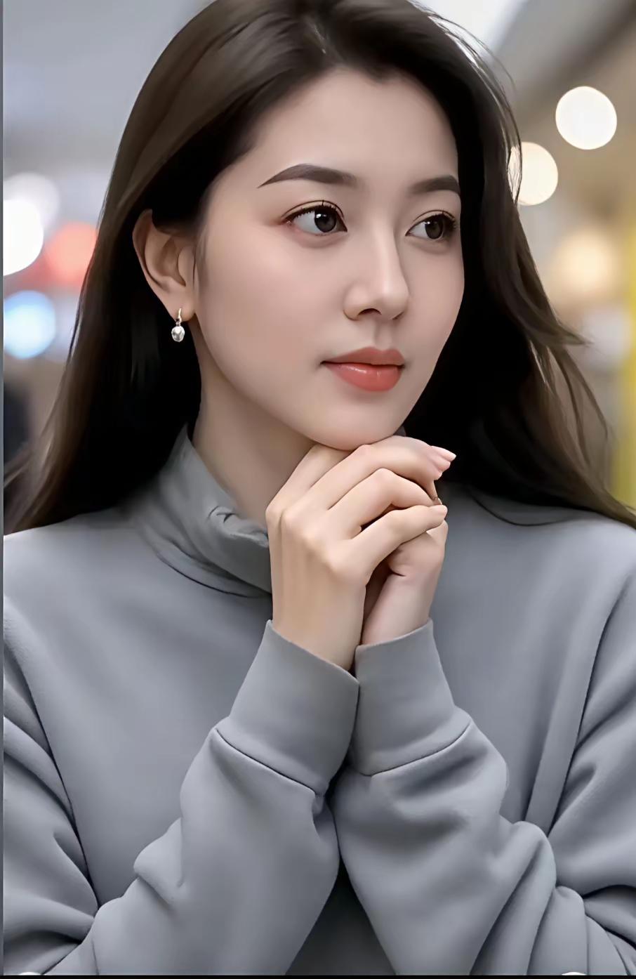 温柔优雅的气质，灰色毛衣与珍珠耳环的完美搭配，散发着知性美。