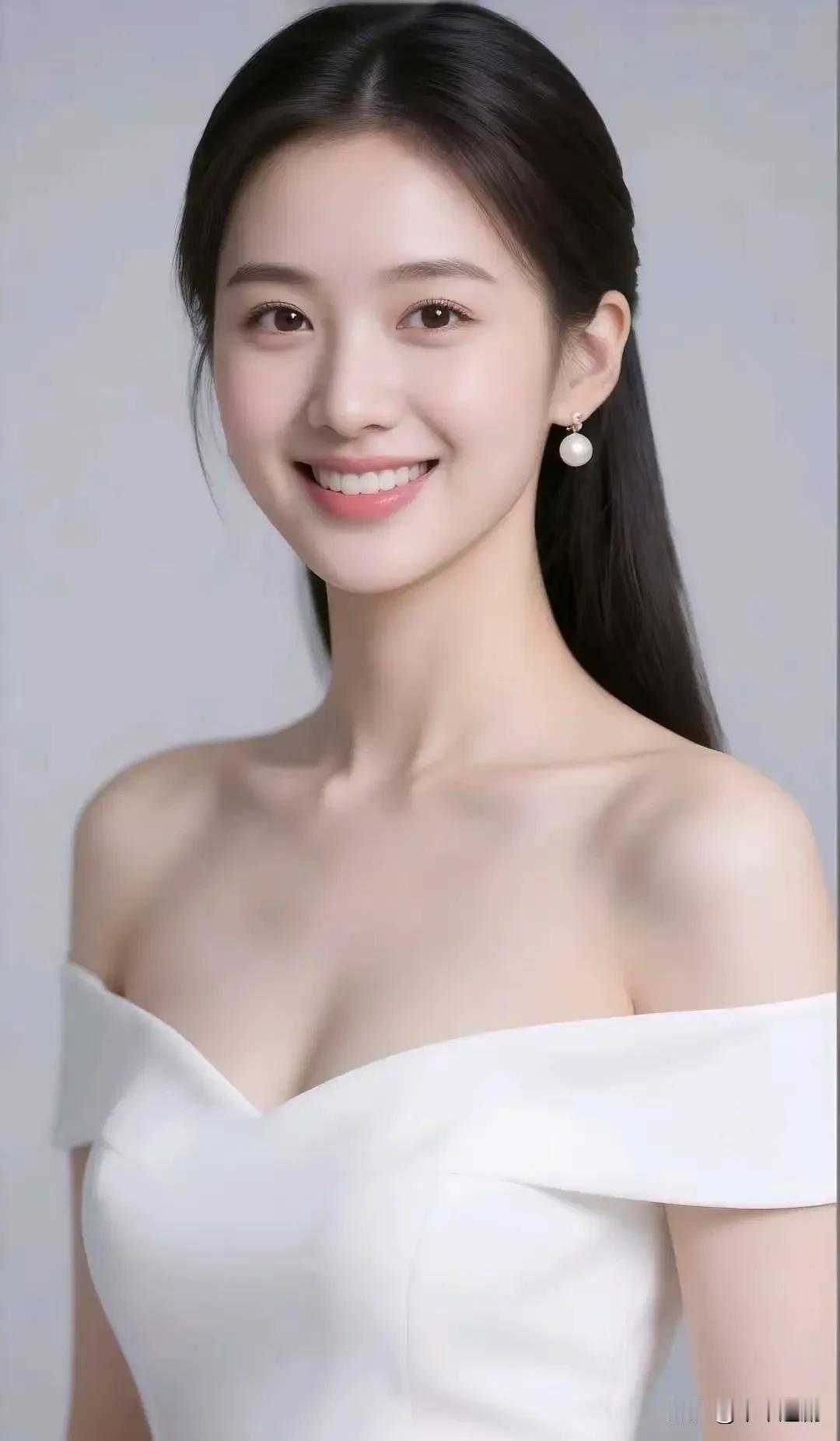 白裙落肩，珍珠映笑，温柔自成光。白裙少女感温柔气质小白裙