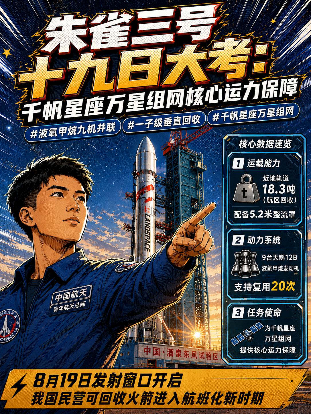 朱雀三号十九日开启回收大考，千帆星座大规模组网迎来运力支撑！酒泉发射场迎来关键