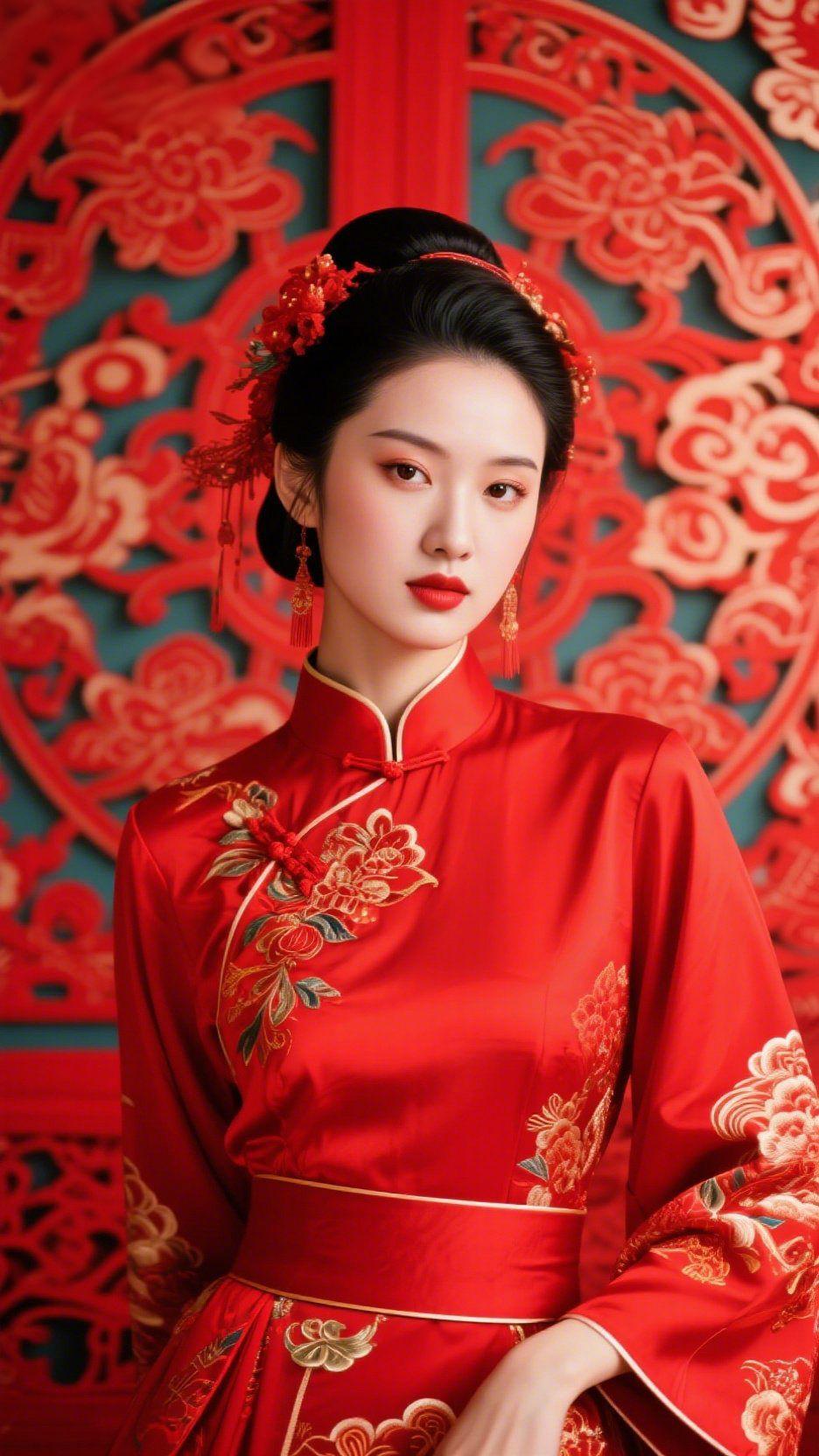 红妆诉风雅朱红的缎面揉进千年的风雅，金线绣就的繁花在衣袂间婉转，似把江南的