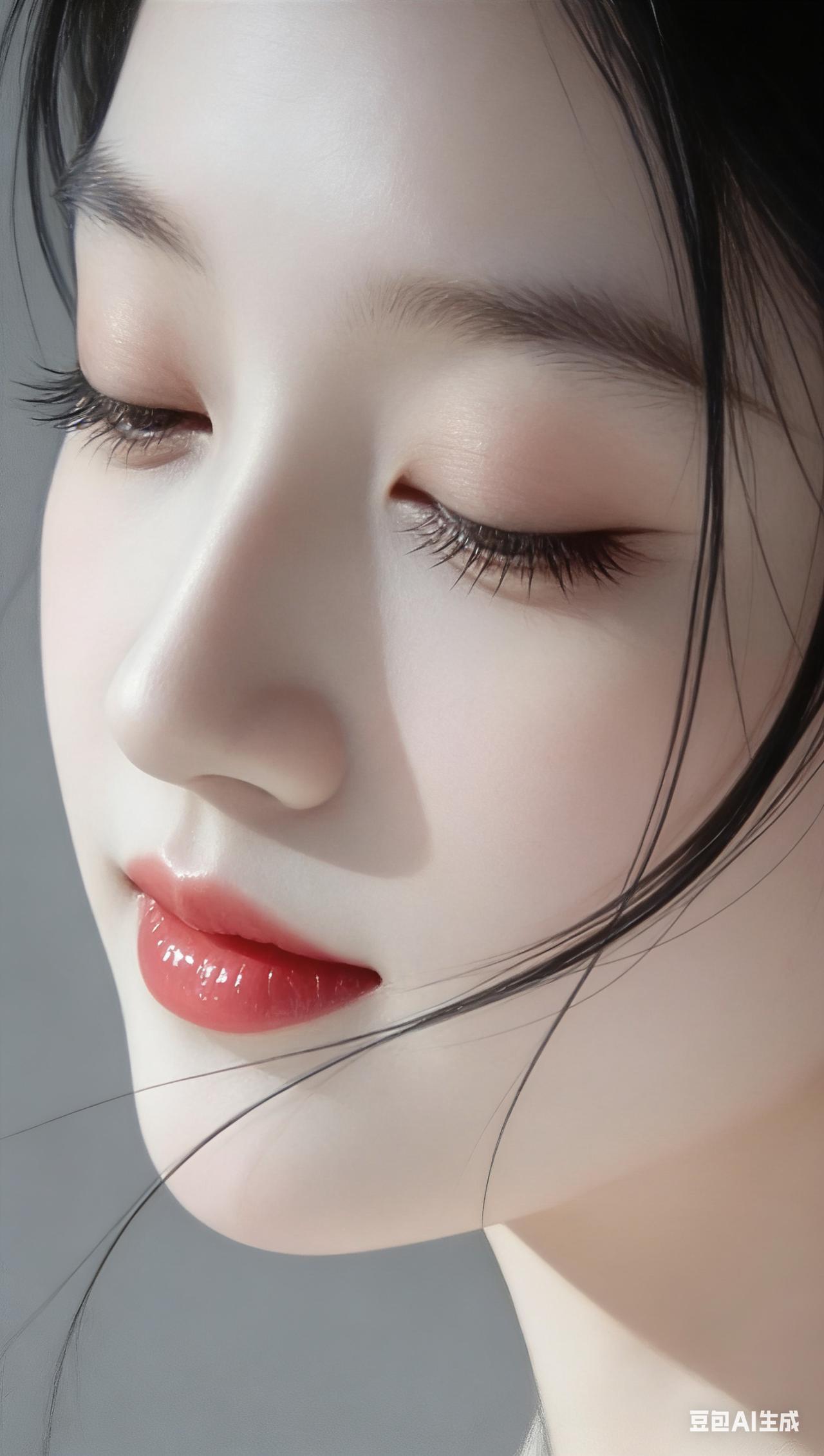 女子闭目静息，根根睫毛清晰，莹润粉唇，羊脂玉般通透肌肤，黑发轻贴脸颊，柔灰纯色背