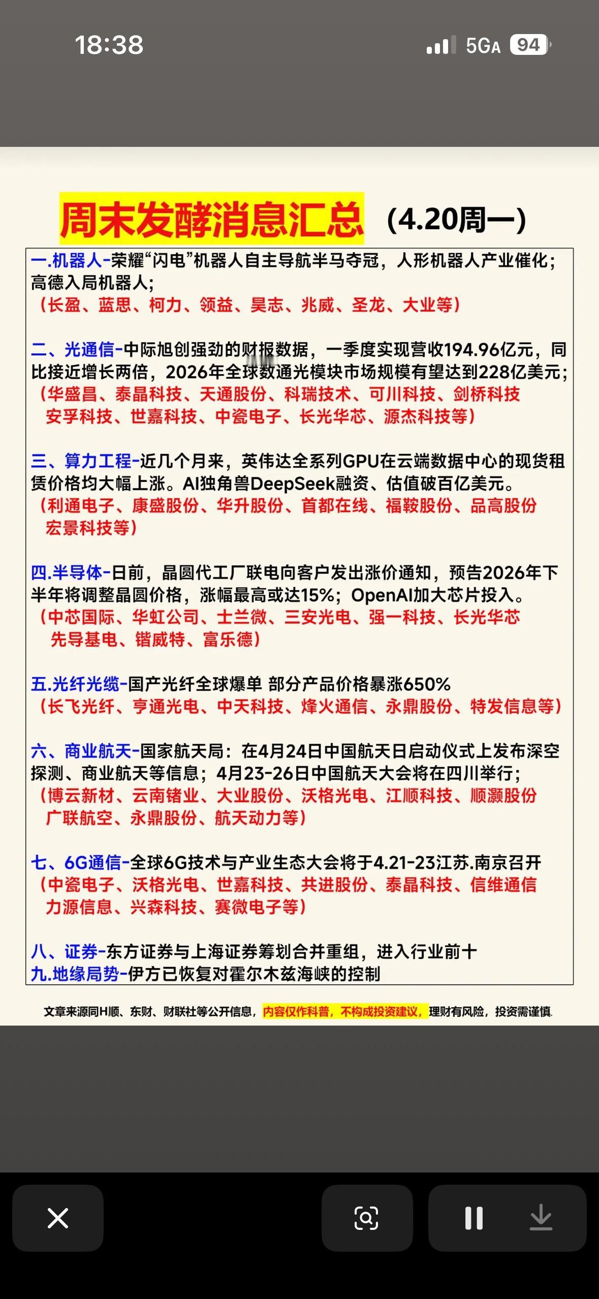 4月19日周末发酵消息汇总：AI、光通信、5G等科技领域大事件4月19日这个
