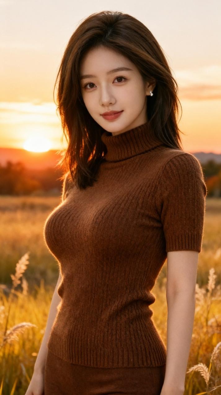气质穿搭怎么穿才恰到好处?夕阳下的温柔时光，棕色的毛衣搭配自然美景，尽显温暖与