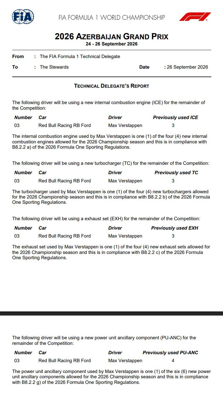 F12026F1阿塞拜疆大奖赛维斯塔潘更换了一台此前使用过的引擎​​