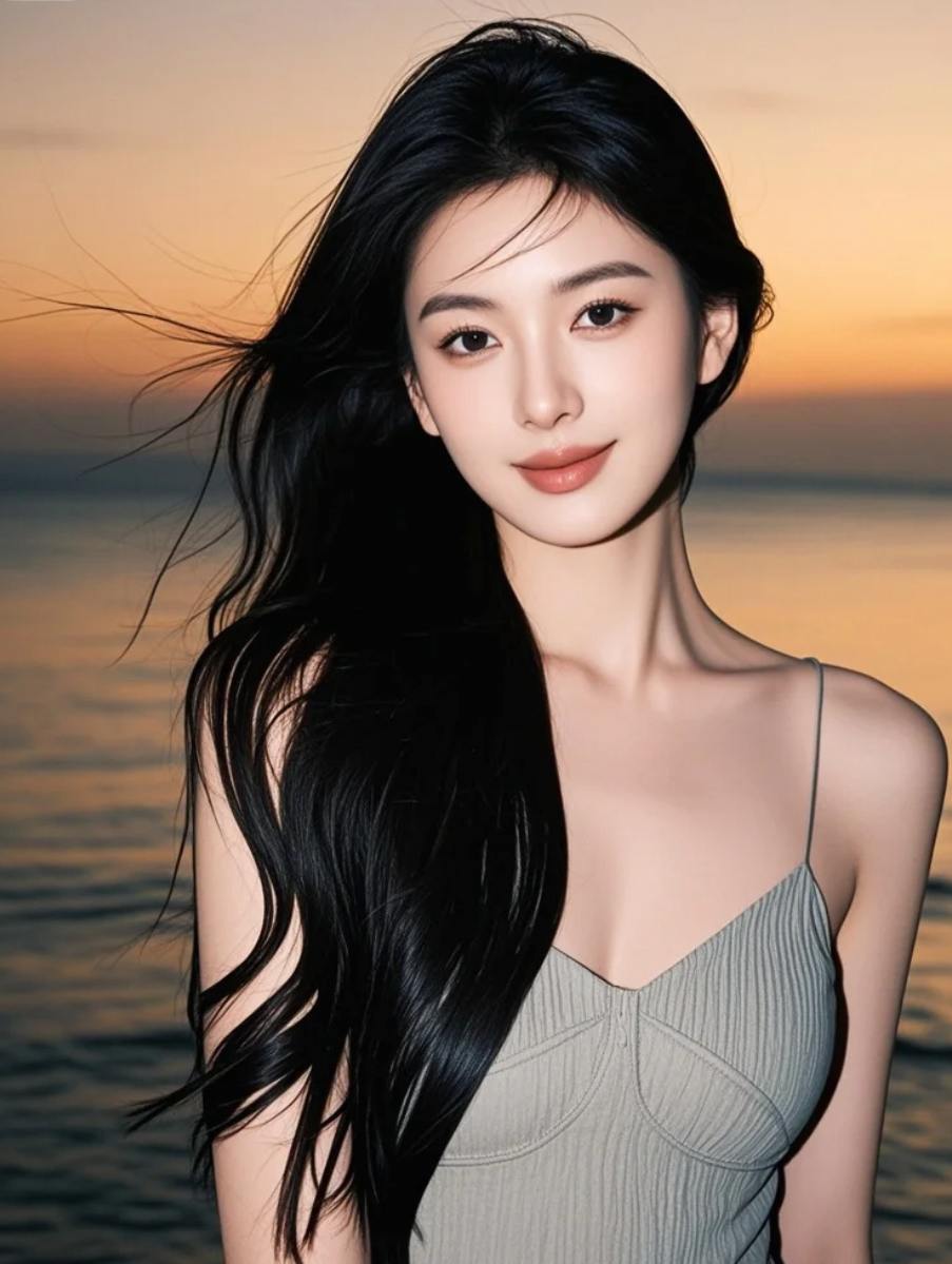 她穿着轻松，心也轻松，在海边刚刚好