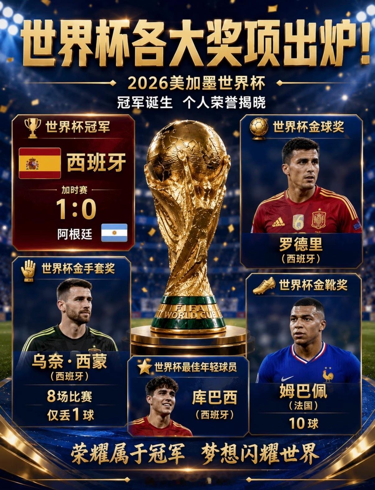 🏆世界杯各大奖项揭晓！姆巴佩斩获金靴奖本届世界杯获奖名单🏆冠军：西班牙⭐金