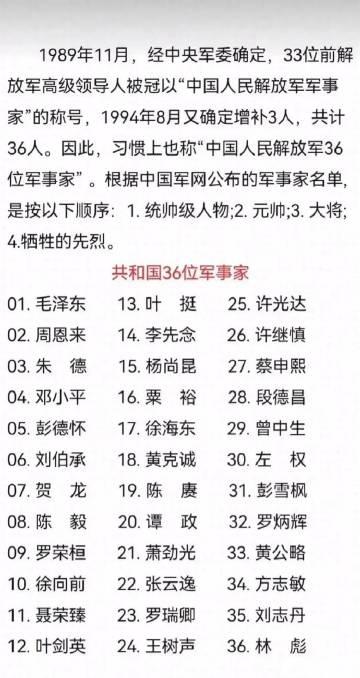 很多人都在问：中国人民解放军军事家有多少位？到底是33位还是36位？今天用一张图