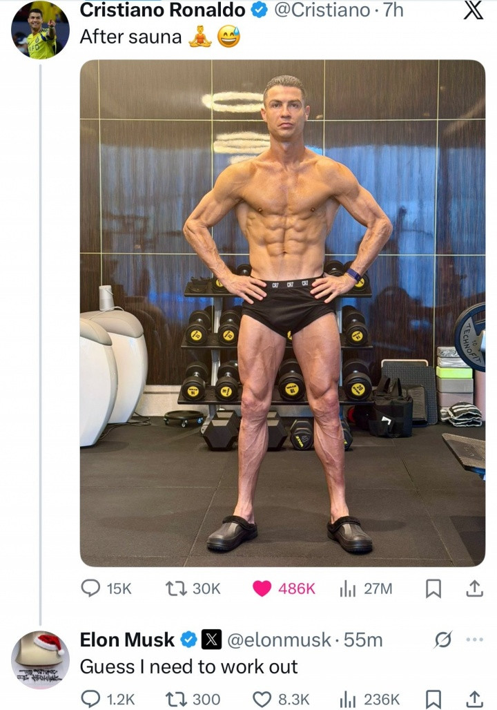 C罗身材照再度走红全网! 世界首富马斯克评论: 我得锻炼一下了