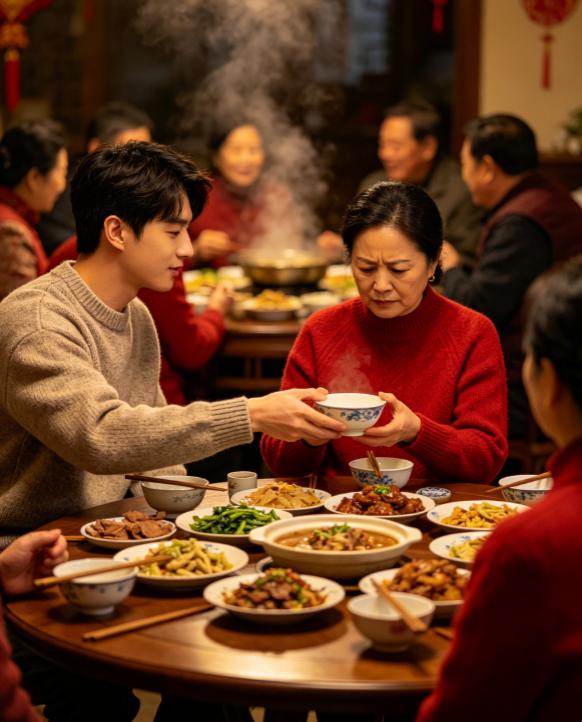 大年三十婆家年夜饭，27岁小叔子接连使唤我6次，我平静问丈夫一句：我能发火
