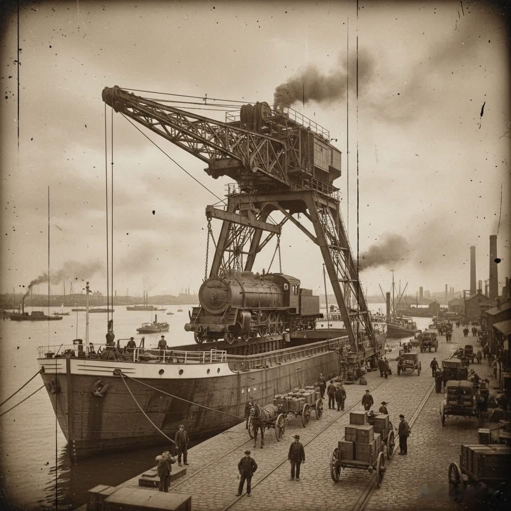 这张照片摄于1927年6月的英国纽卡斯尔港口。起重机正在吊起一台蒸汽机车，准备将